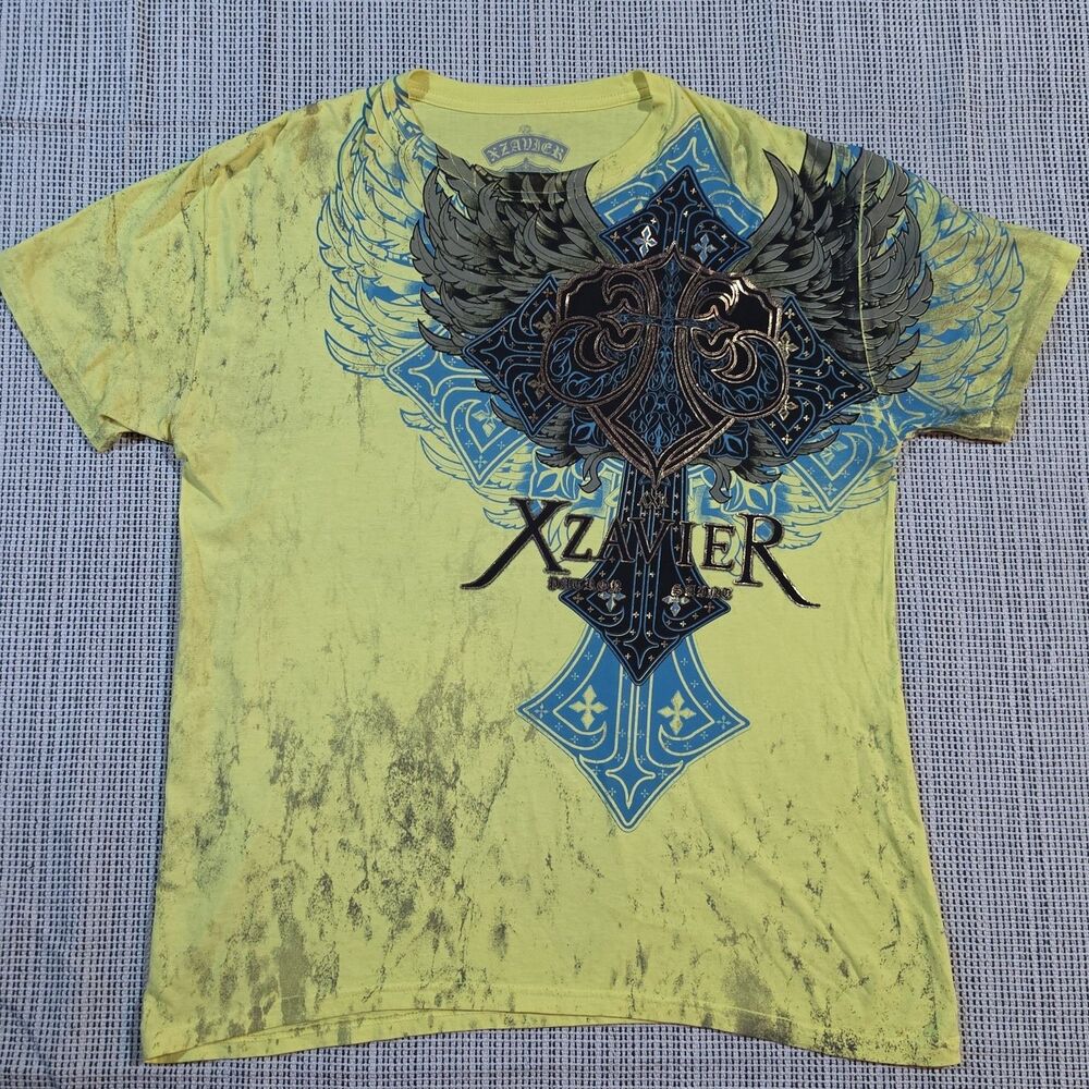 Xzavier Fir Buckle Winged Cross Cyber Goth Grunge Yellow T-shirt sz L